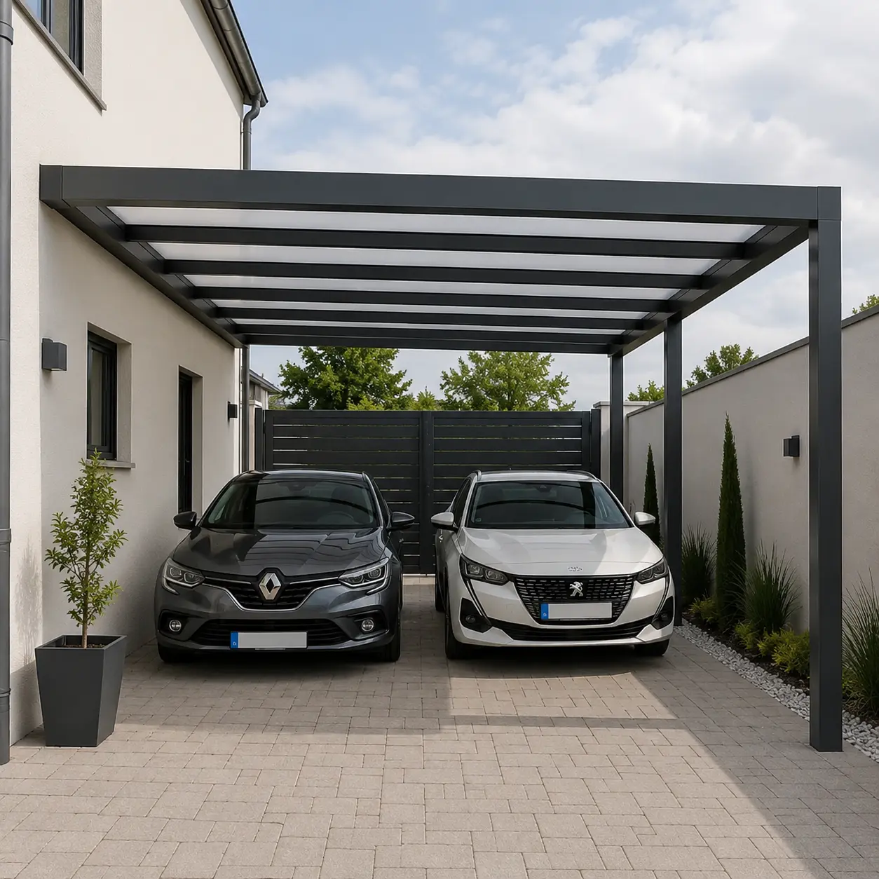 Carport adossé à une maison avec deux voitures sous structure métallique